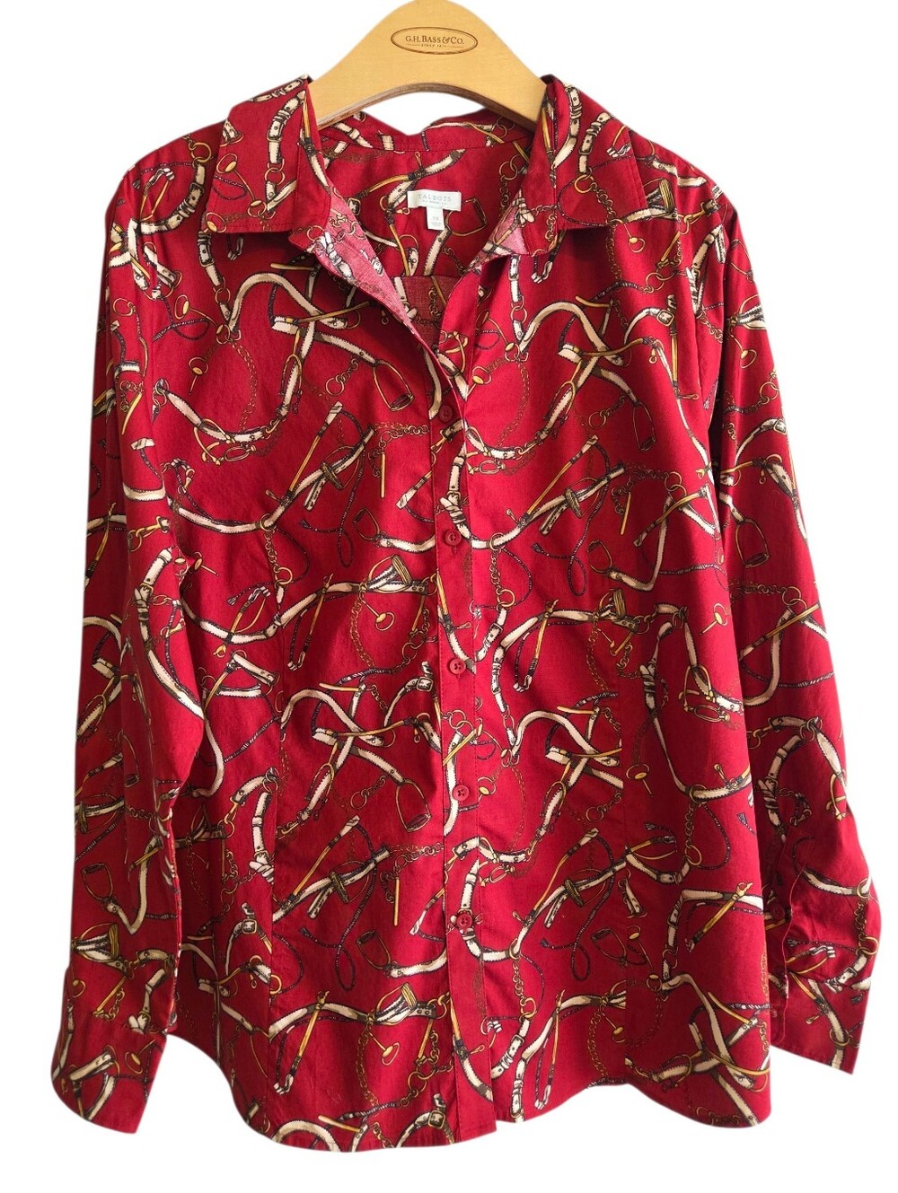 Talbots Red White Equestrian Button Up Size 2X Blouse Western Cowgirl Heritage